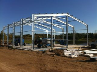 Steel building in construction showing the steel framework before cladding